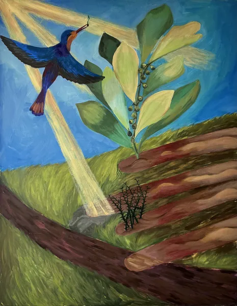 „Podobenství o rozsévači" — Olej na plátně od Karin Krutsche, 2023, 115 × 90 cm